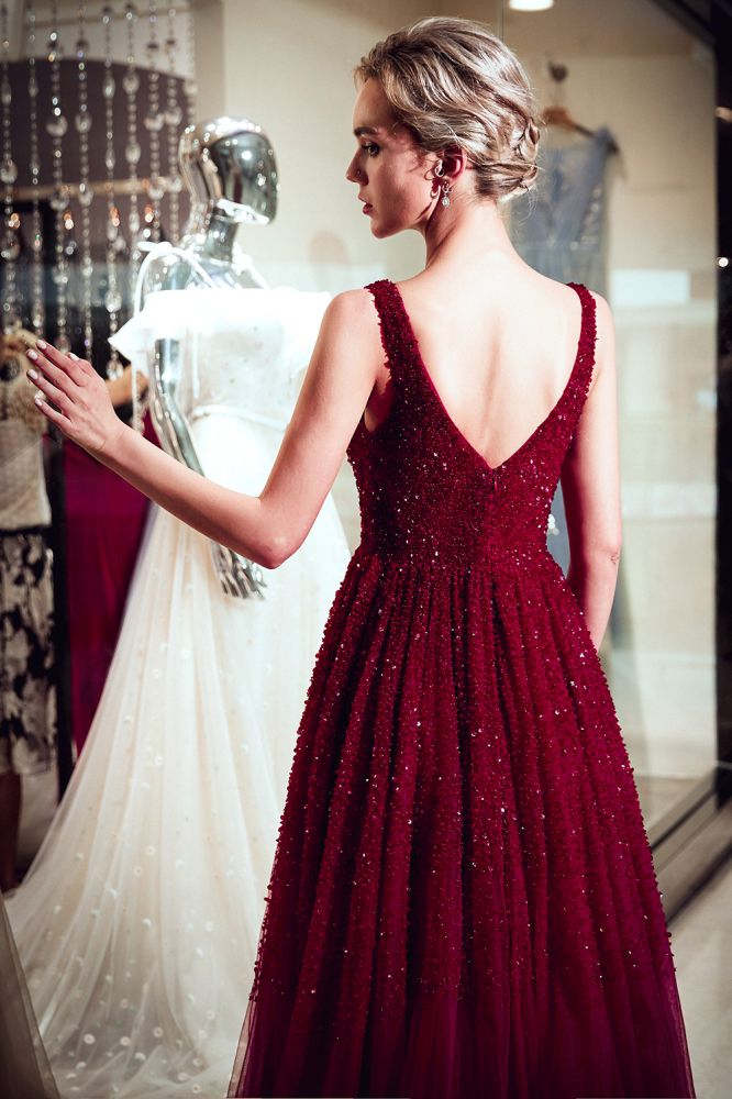 MELANIE A-Line Long V-Neck Sleeveless Burgundy Sequins Tulle Evening Dresses