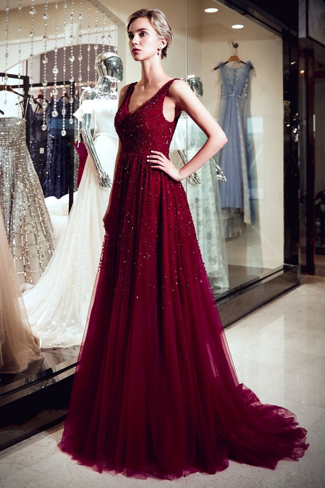 MELANIE A-Line Long V-Neck Sleeveless Burgundy Sequins Tulle Evening Dresses
