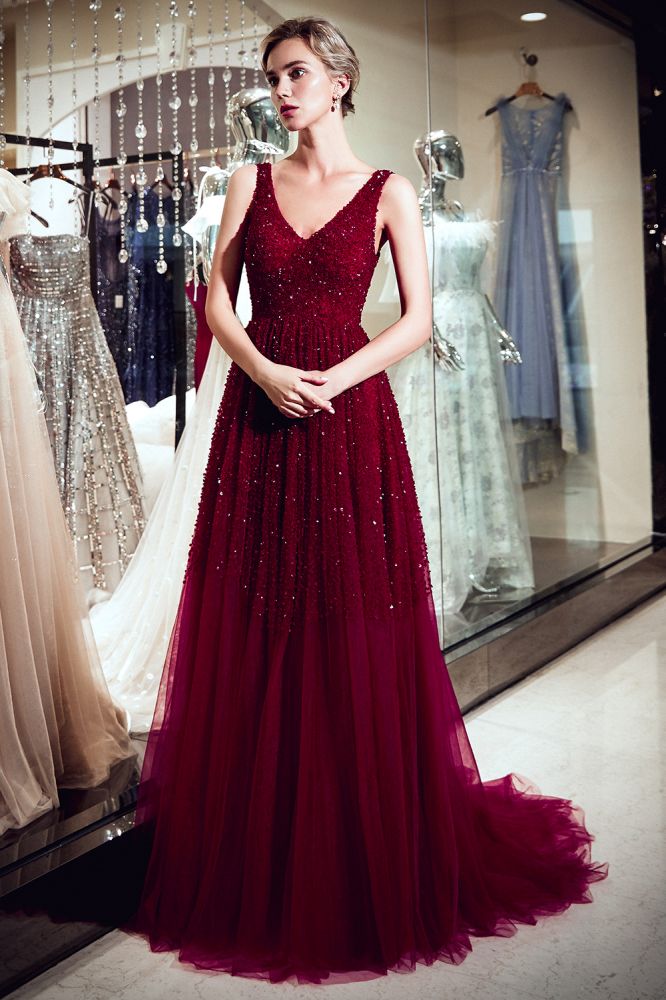 MELANIE A-Line Long V-Neck Sleeveless Burgundy Sequins Tulle Evening Dresses