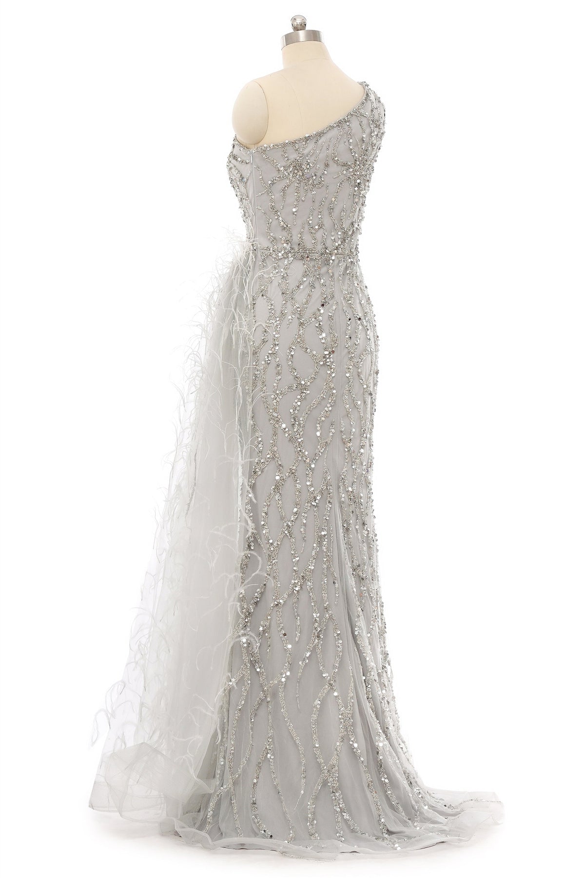 Mermaid Asymmetrical High Split Floor-length Sequined Prom Dress with Feather