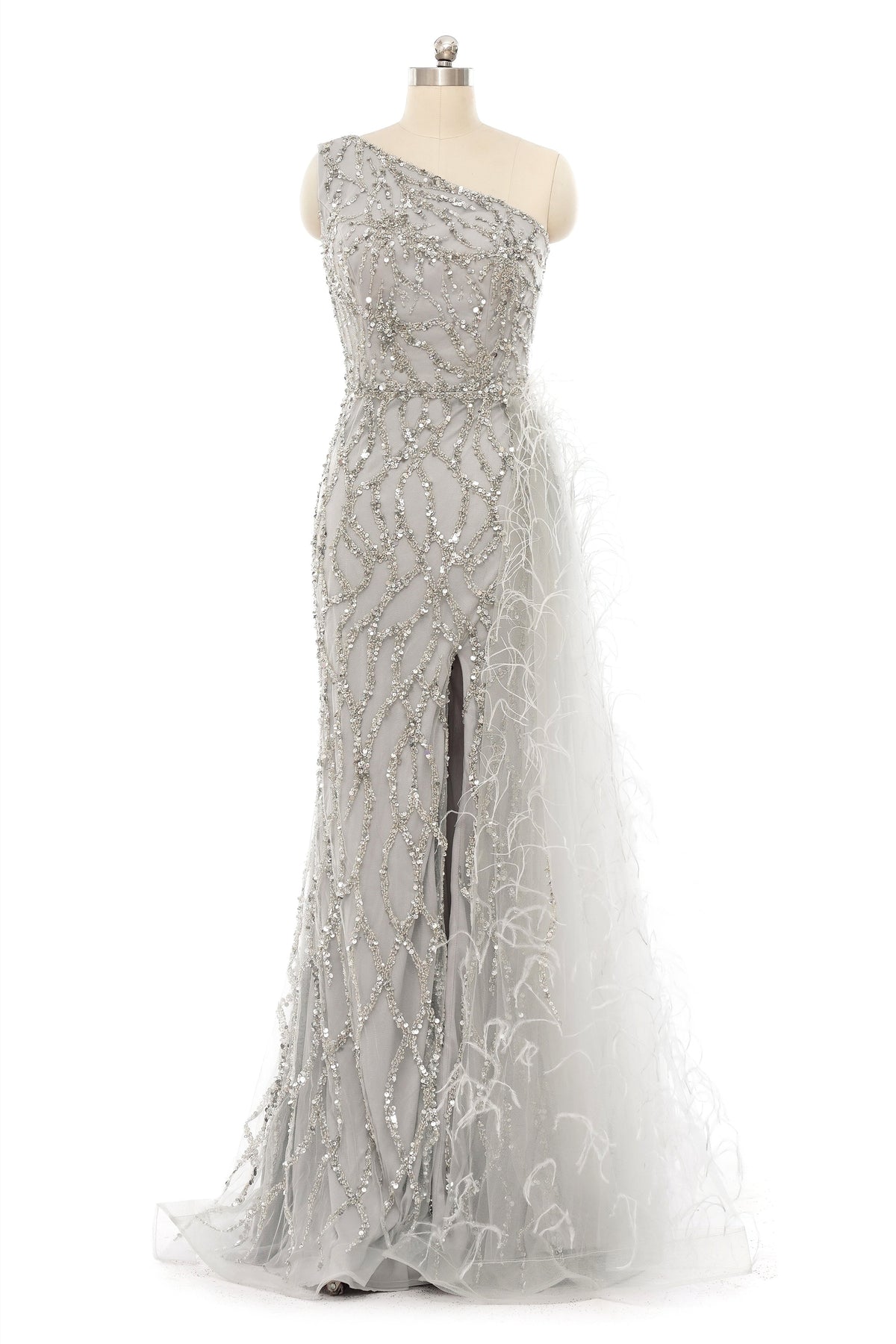 Mermaid Asymmetrical High Split Floor-length Sequined Prom Dress with Feather