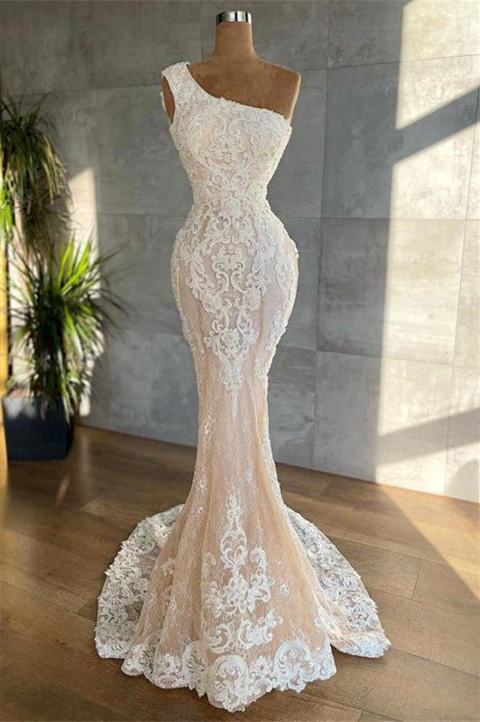 Mermaid Asymmetrical Lace Applique Floor-Length Sleeveless Prom Dress