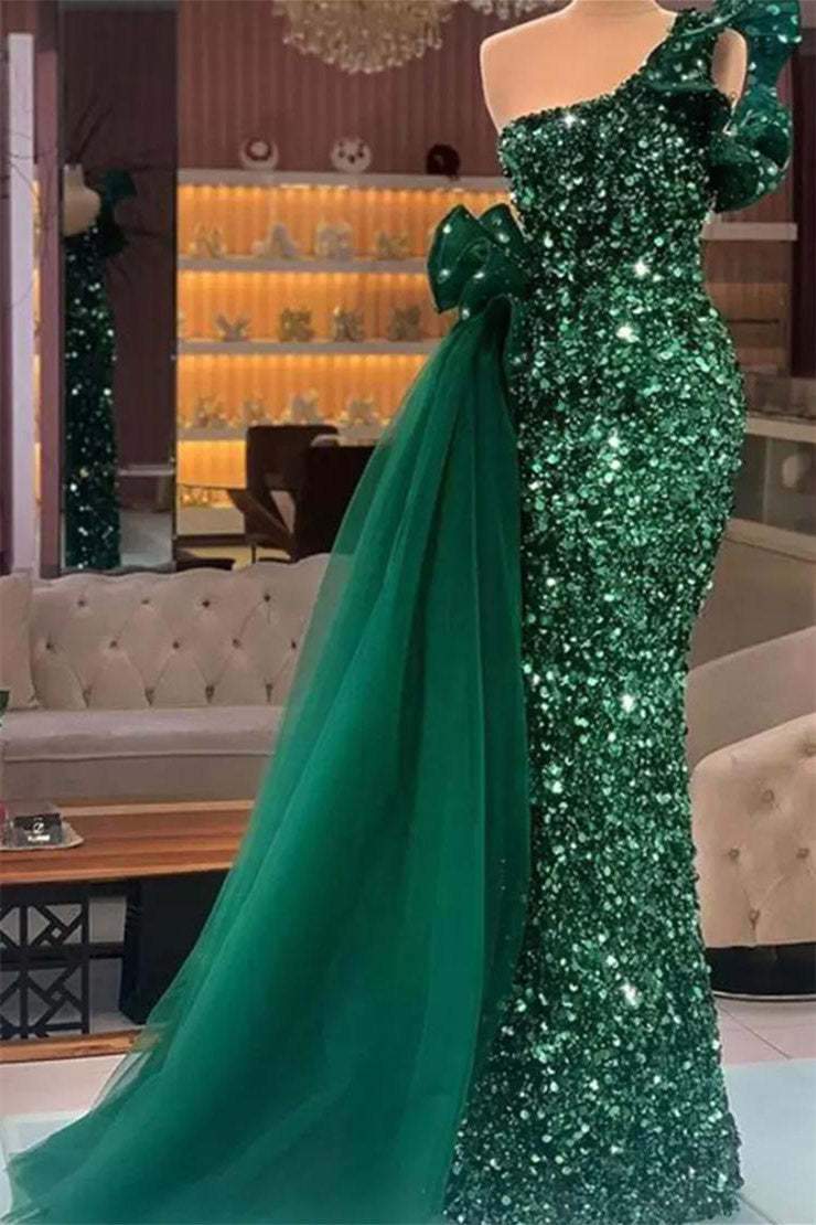 Mermaid Asymmetrical Lace Sequined Floor-Length Sleeveless Bowknot With Side Train Prom Dress