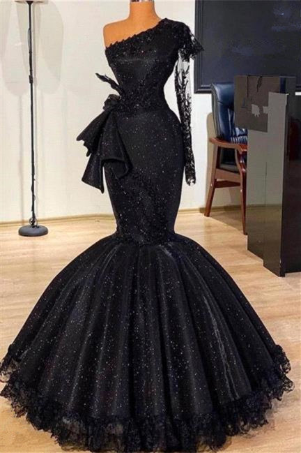 Mermaid Asymmetrical One-Shoulder Floor-Length Bowknot Appliques Lace Prom Dress
