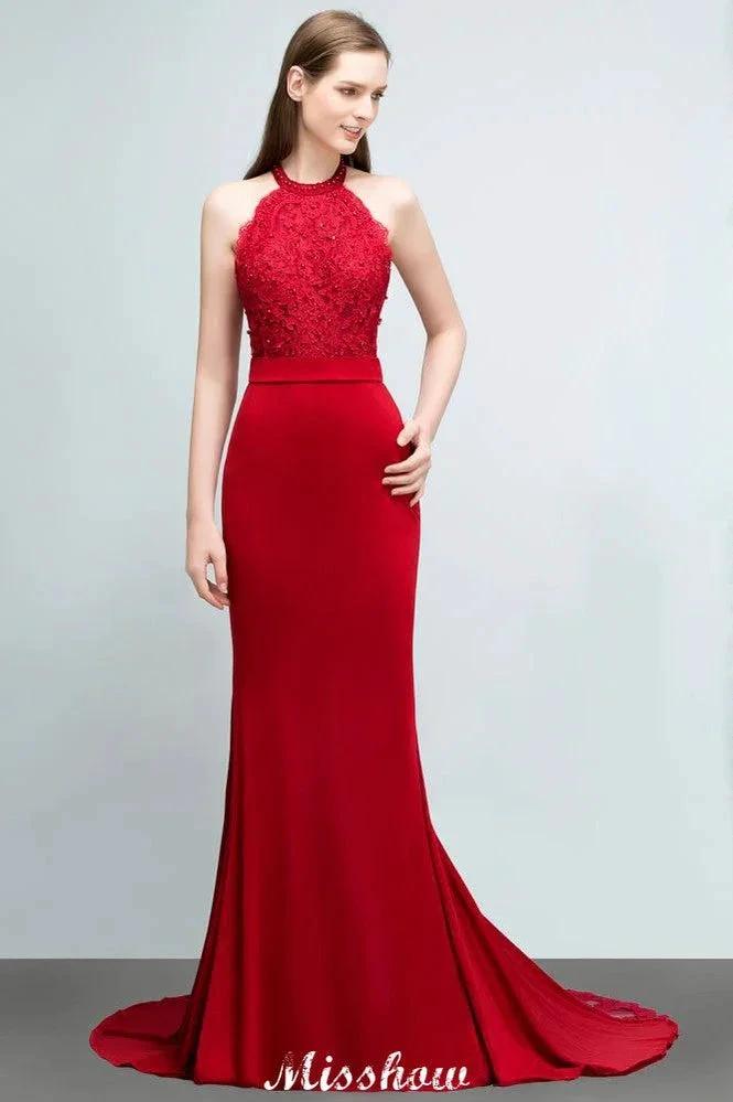 Mermaid Charmeuse Lace Halter SleevelessBridesmaid Dress Floor-Length Prom Dress (ZD12924)