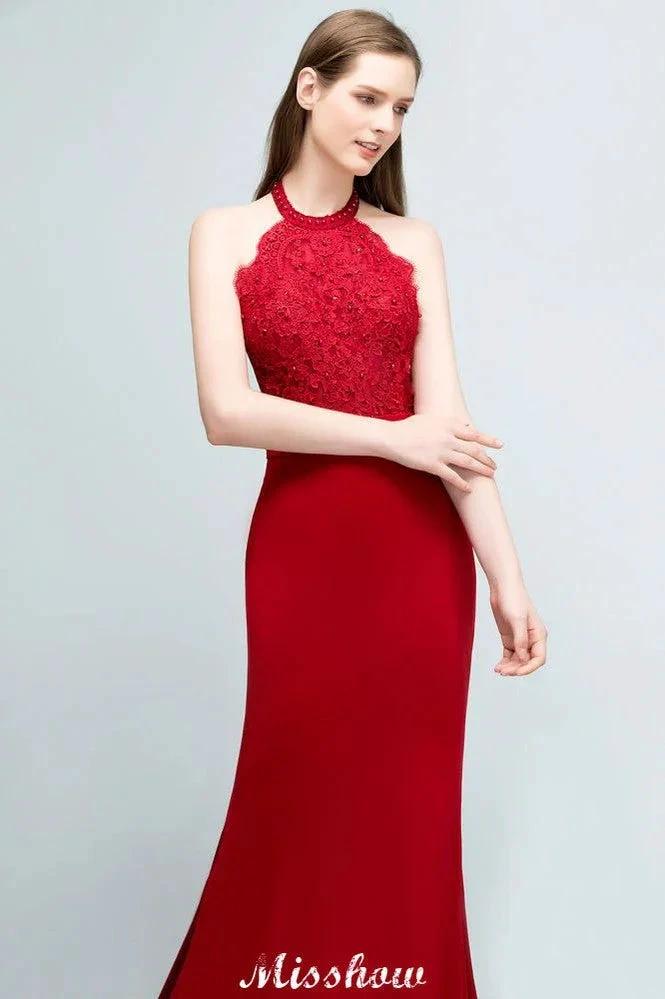 Mermaid Charmeuse Lace Halter SleevelessBridesmaid Dress Floor-Length Prom Dress (ZD12924)