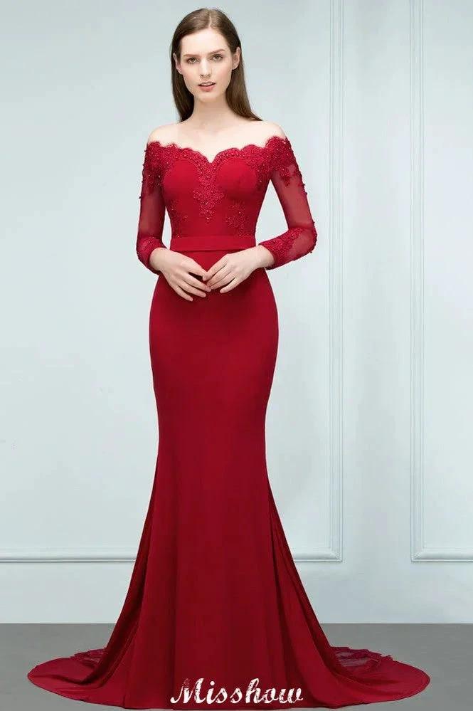 Mermaid Charmeuse Off-the-Shoulder V-Neck Floor-Length Bridesmaid Dress with Appliques by misshow.com