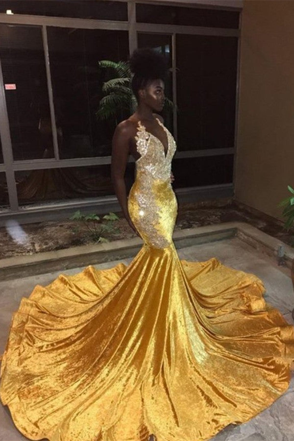 Mermaid Deep V-Neck Halter Chapel Beading Prom Dress