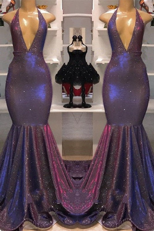 Mermaid Deep V-Neck Halter Chapel Ruffle Hem Paillette Prom Dress