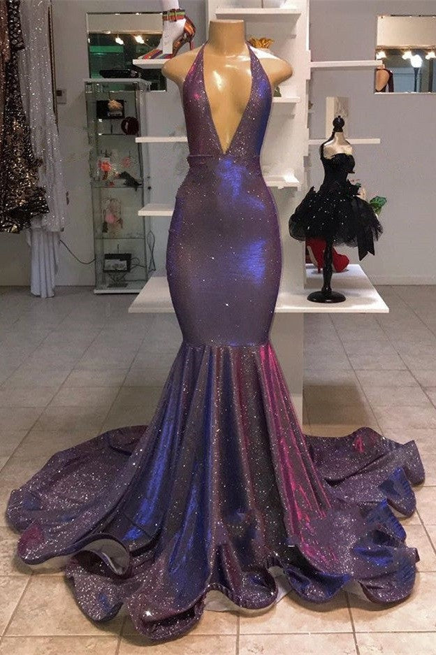 Mermaid Deep V-Neck Halter Chapel Ruffle Hem Paillette Prom Dress
