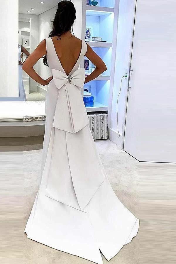 Mermaid Deep V-Neck Sweep Trian White Satin Backless Wedding Dress (ZD15448)