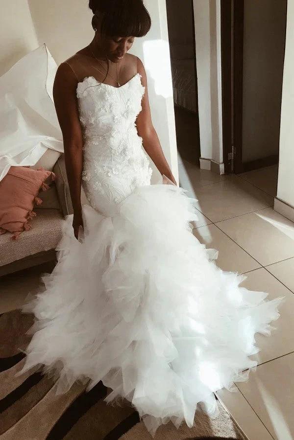 Mermaid Floral Appliques Ruffless Wedding Dress Sheer Tulle Backless Sleeveless Bridal Wears (ZD13829)