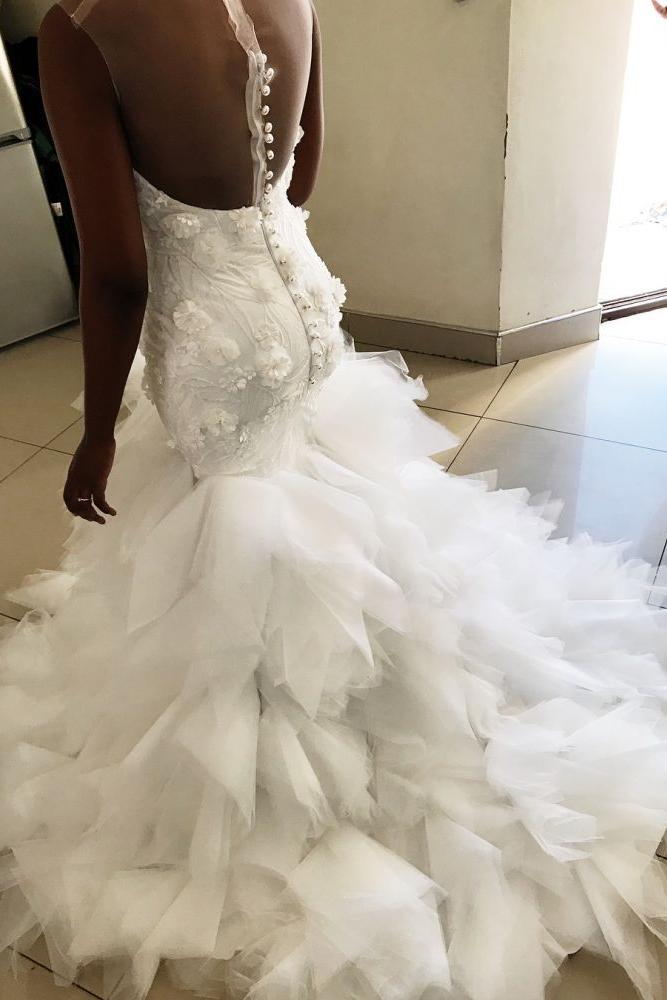Mermaid Floral Appliques Ruffless Wedding Dresses Sheer Tulle Backless Sleeveless Bridal Gowns