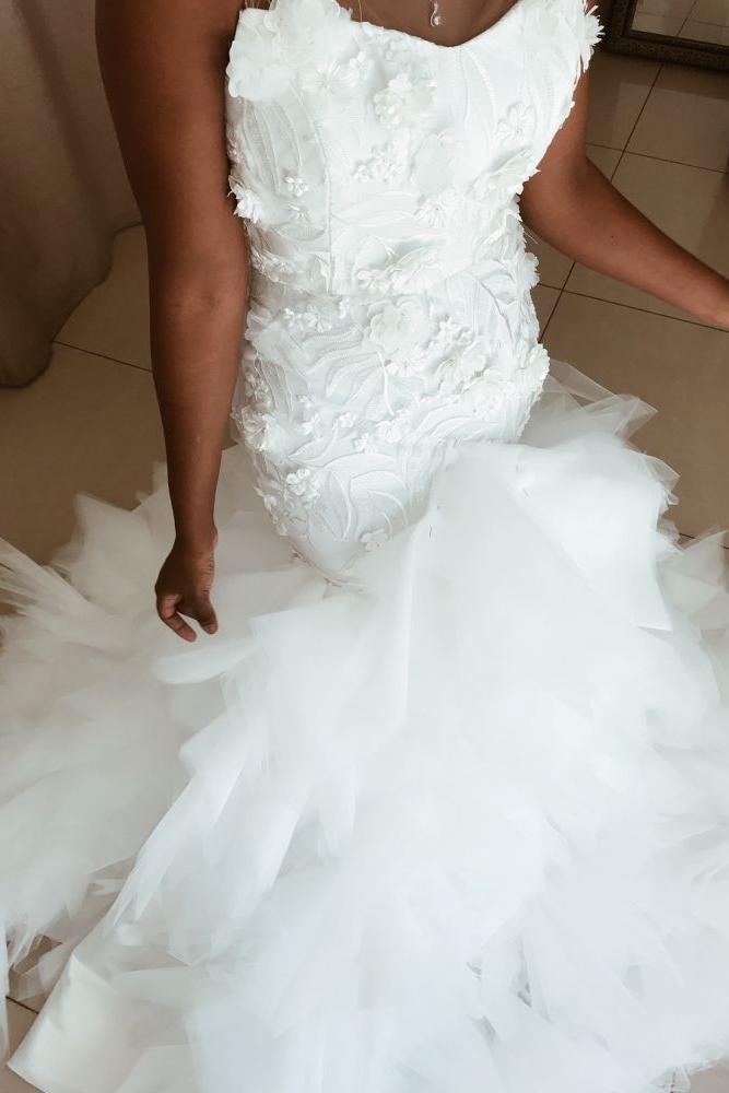 Mermaid Floral Appliques Ruffless Wedding Dresses Sheer Tulle Backless Sleeveless Bridal Gowns
