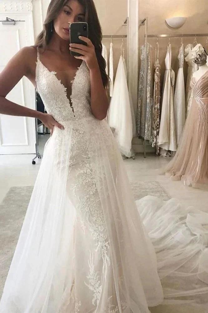 Mermaid Garden Bridal Gown Wedding Dress V-Neck Straps Detachable Train (ZD13834)