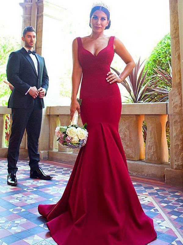 Mermaid Gorgeous V-Neck Sleeveless Ruffles Stretch Crepe Bridesmaid Dresses