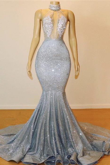 Mermaid Halter Sleeveless Floor-Length Prom Party Gowns
