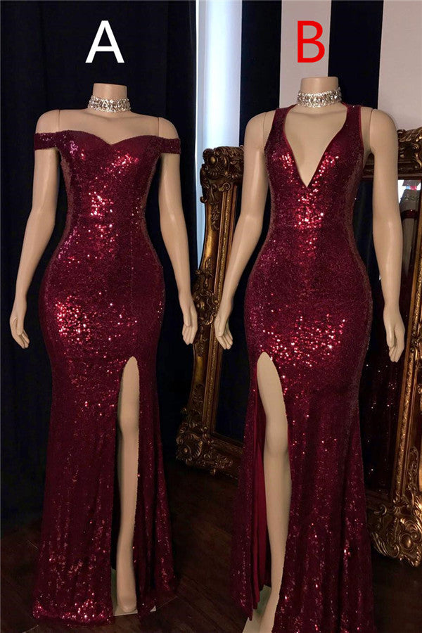 Mermaid Halter-V-Neck Or Portrait Front Slit Floor-Length Paillette Prom Dress