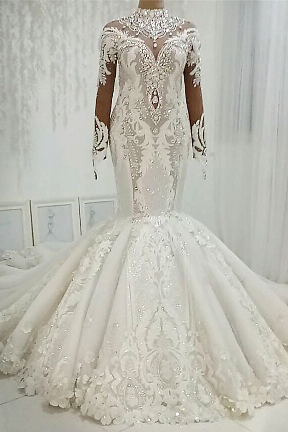 Mermaid High Collar Floor-Length Tulle Applique Paillette Wedding Dress