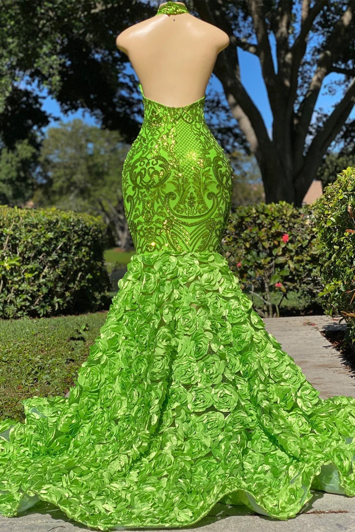 Mermaid High Neck Appliques Lace Sequined Open Back Floor-Length Sleeveless Prom Dress