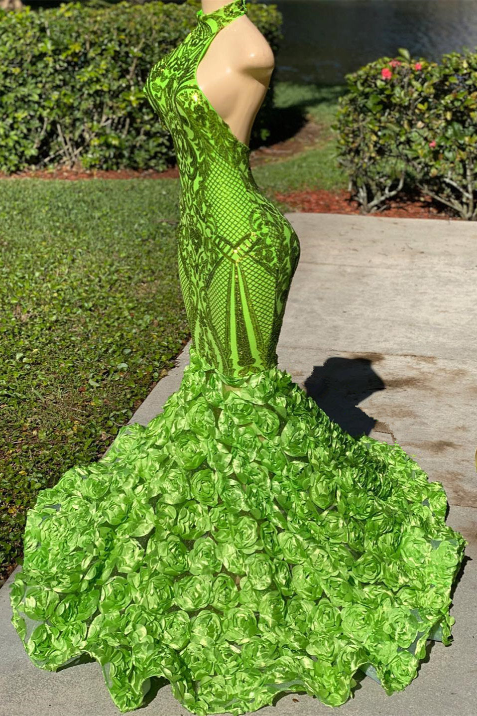 Mermaid High Neck Appliques Lace Sequined Open Back Floor-Length Sleeveless Prom Dress