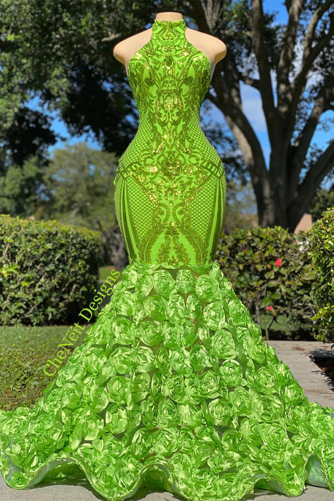 Mermaid High Neck Appliques Lace Sequined Open Back Floor-Length Sleeveless Prom Dress