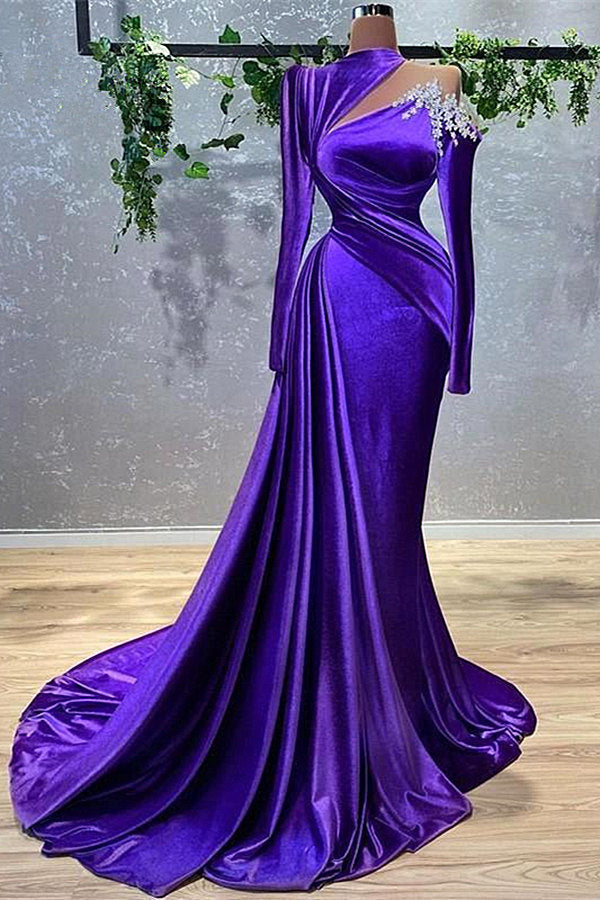 Mermaid High Neck Asymmetrical Floor-Length Long Sleeve Flower Prom Dress