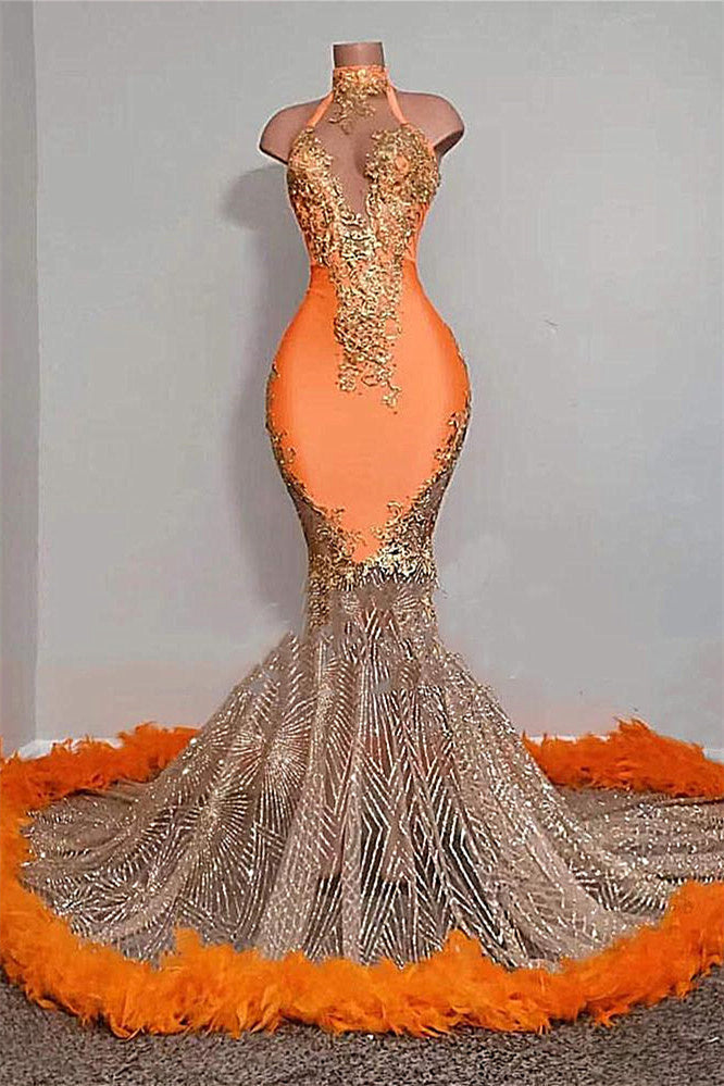 Mermaid High Neck Floor-Length Sleeveless Appliques Lace Prom Dress With Feather