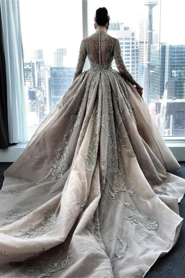 Mermaid High Neck Lace Applique Sequined Floor-Length Overskirt Long Sleeve Wedding Dress