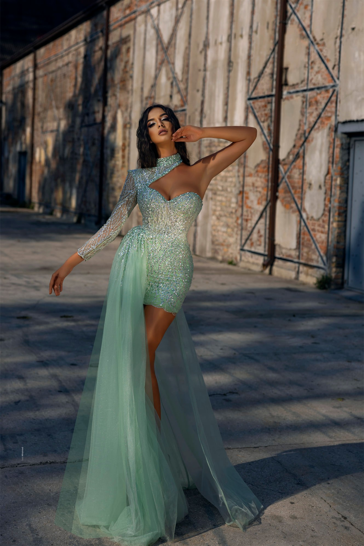 Mermaid High Neck Lace Sequined Mini One-Shoulder Beaded Prom Dress With Side Train