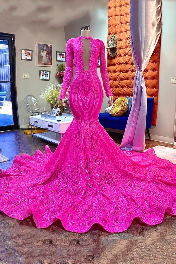Mermaid High Neck Sequined Floor-Length Long Sleeve Appliques Lace Prom Dress