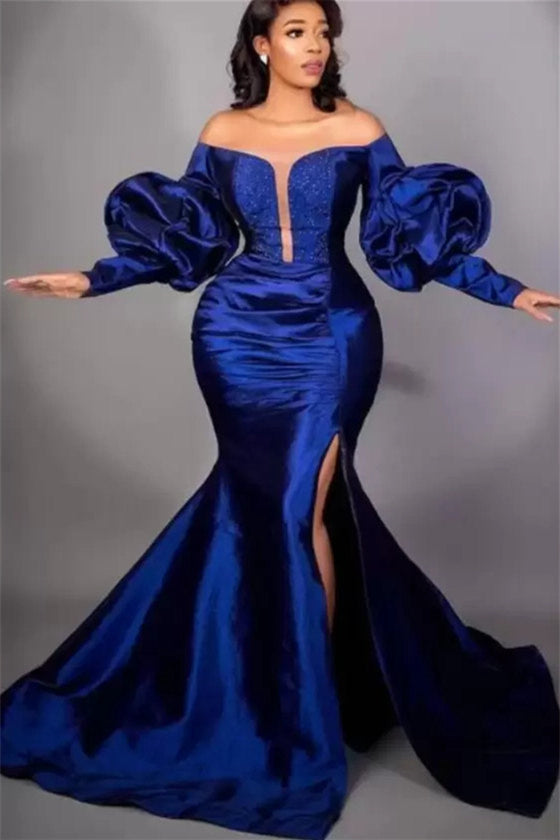 Mermaid High Split Strapless Bubble Sleeves Floor-Length Prom Dress
