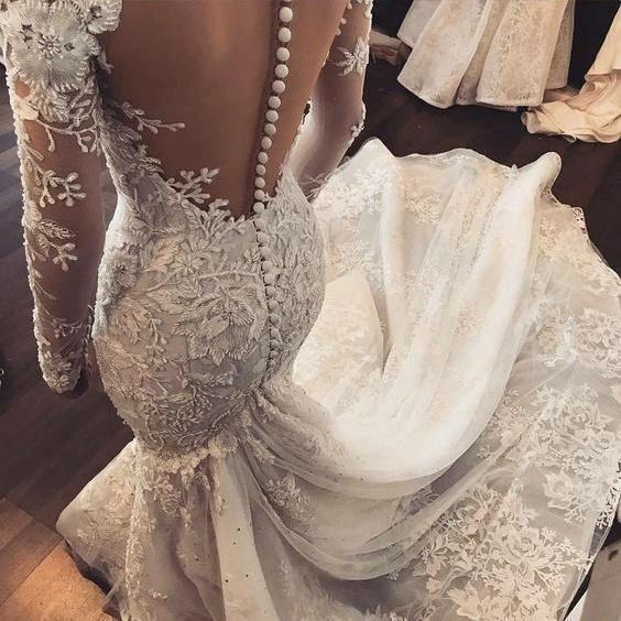Mermaid Ivory Lace Sweep/Brush Train Scoop Long Sleeve Wedding Dress (ZD15288)