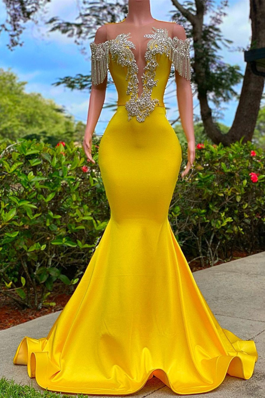 Mermaid Jewel Beading Applique Floor-Length Sleeveless Open Back Prom Dress