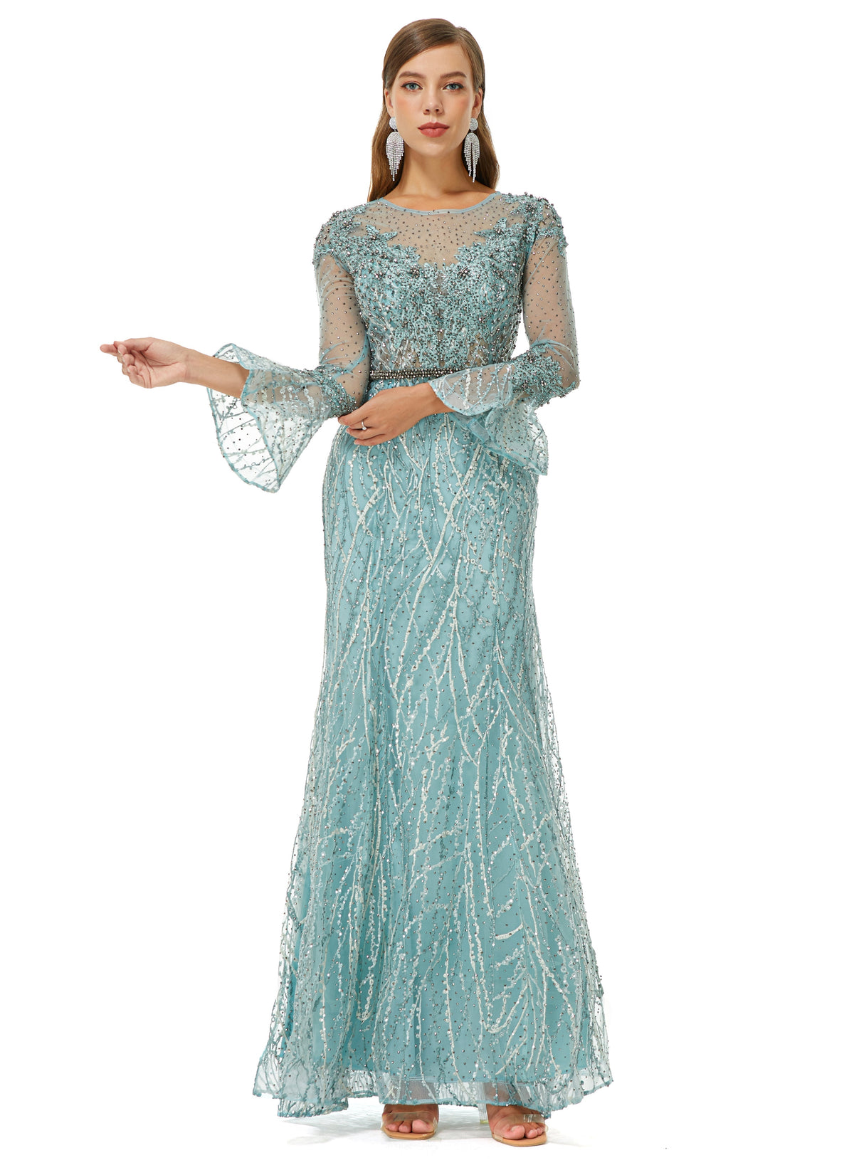 Mermaid Jewel Lace Sequined Ankle Lengt Long Sleeve Prom Dress