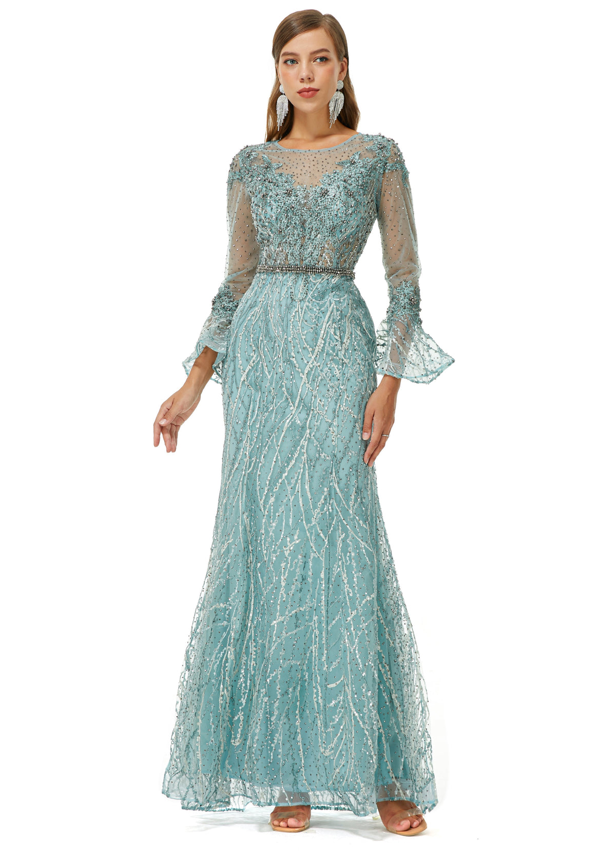 Mermaid Jewel Lace Sequined Ankle Lengt Long Sleeve Prom Dress