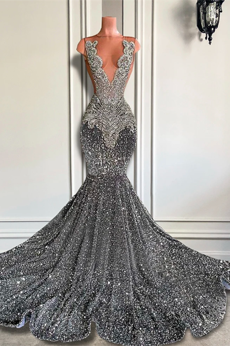 Mermaid Jewel Sequined Floor-Length Sleeveless Appliques Lace Prom Dress