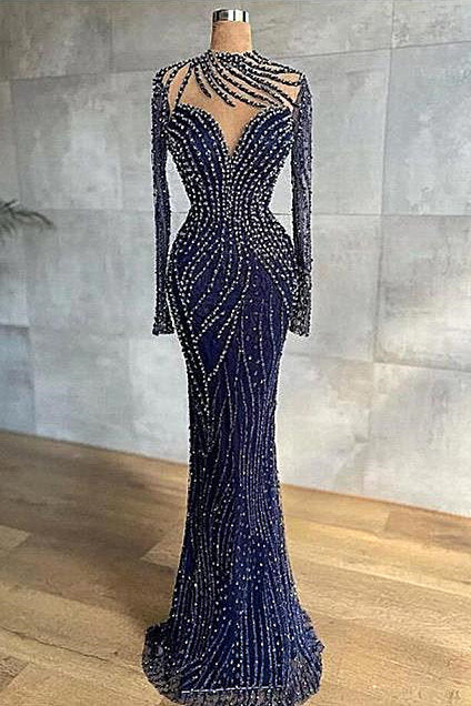 Mermaid Jewel With Side Train Floor-Length Long Sleeve Beading Sequined Lace With Side Train Prom Dress