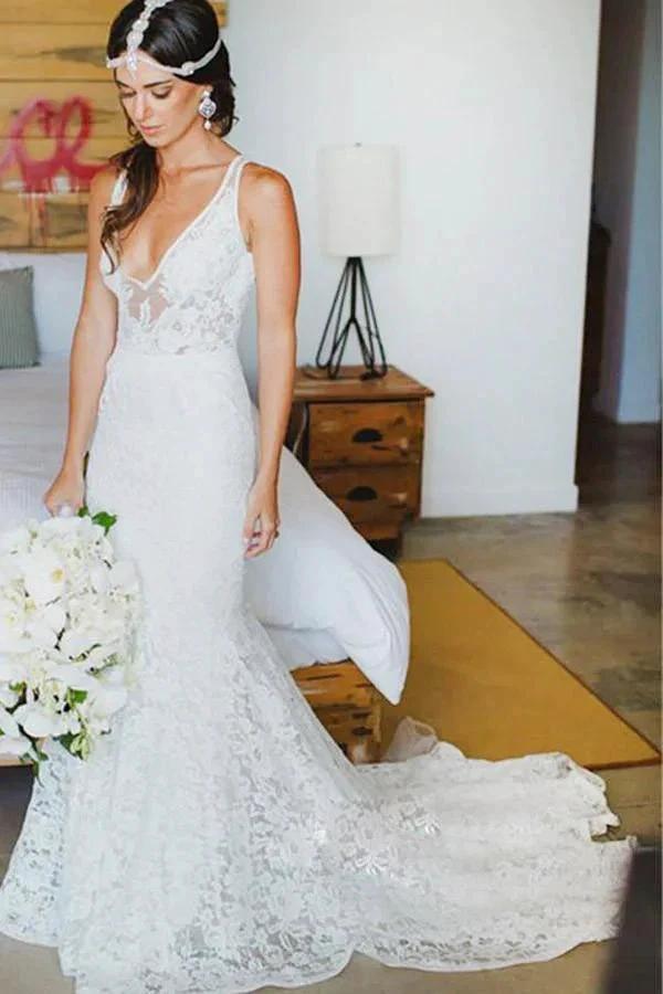 Mermaid Lace V-neck Court Train Beach Wedding Dress (ZD15447)