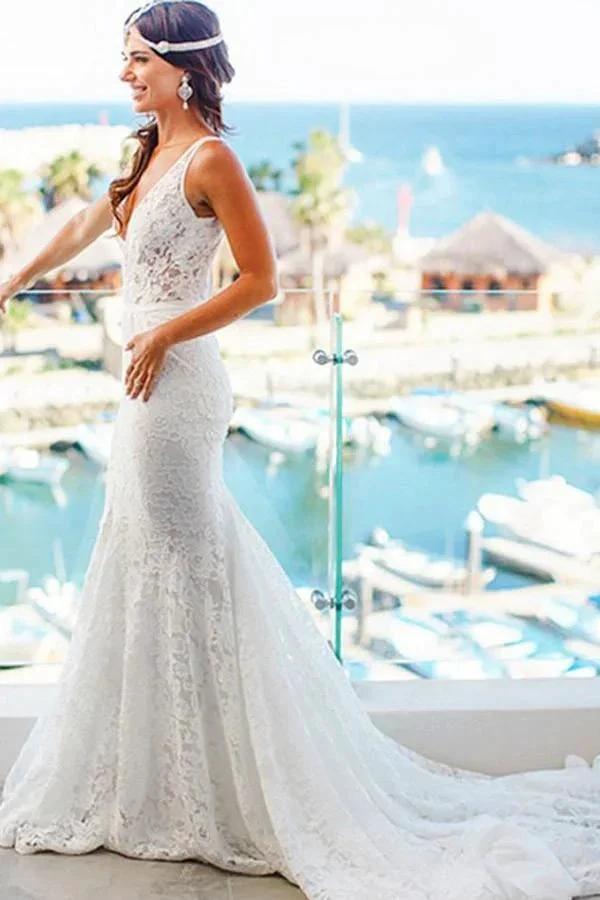 Mermaid Lace V-neck Court Train Beach Wedding Dress (ZD15447)