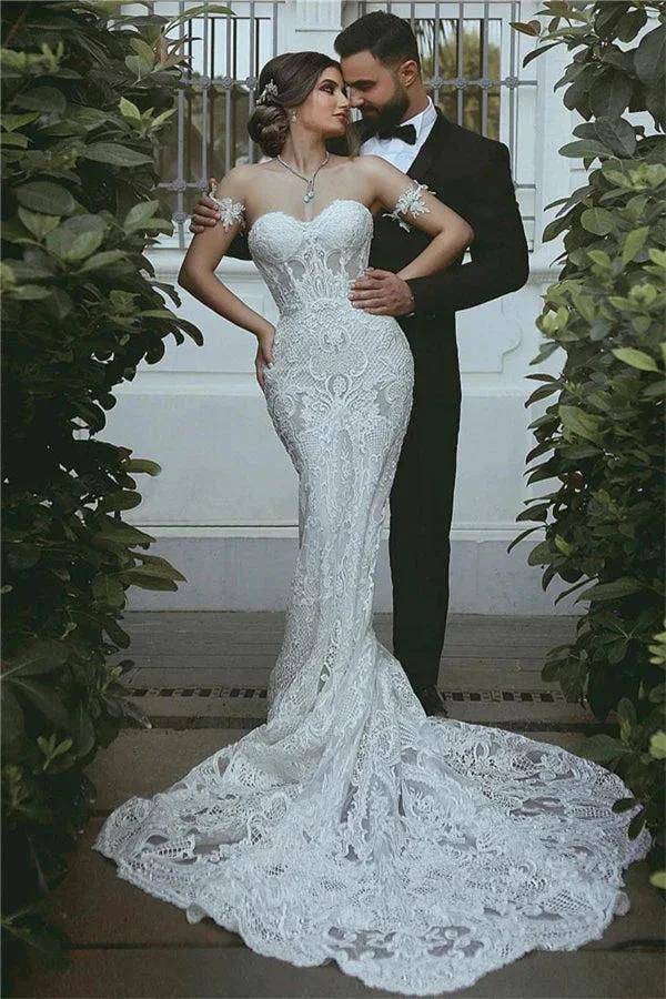 Mermaid Lace Wedding Dress Beautiful Sweetheart Bridal Wears leeve Decorations (ZD16603) - VelvetHem