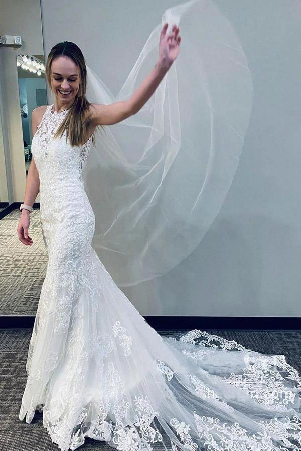 Mermaid Lace Wedding Gown With Semi-Cathedral Train Racer Back Wedding Dress (ZD15290)