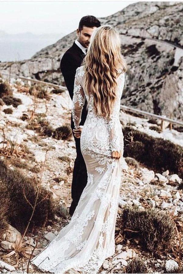Mermaid Long Sleeve Lace Boho Wedding Dresses Rustic Bridal Gown (ZD16319)
