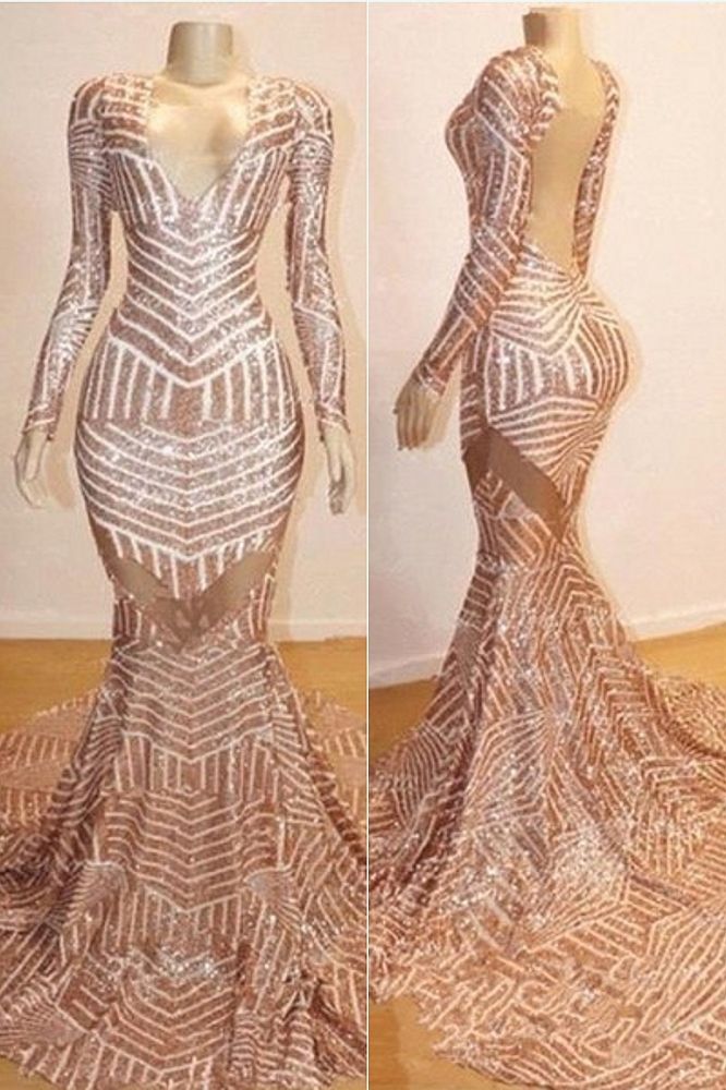Mermaid Long Sleevess V-Neck Sequined Sweep Train Prom Dresses