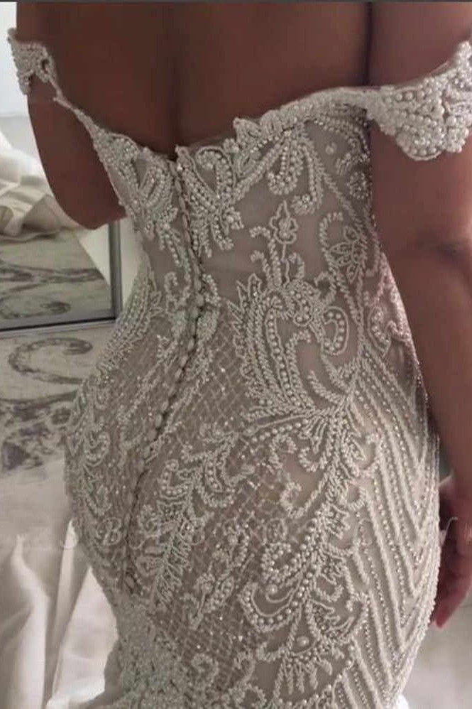 Mermaid Off-the-shoulder Floor-Length Applique Beading Wedding Dress