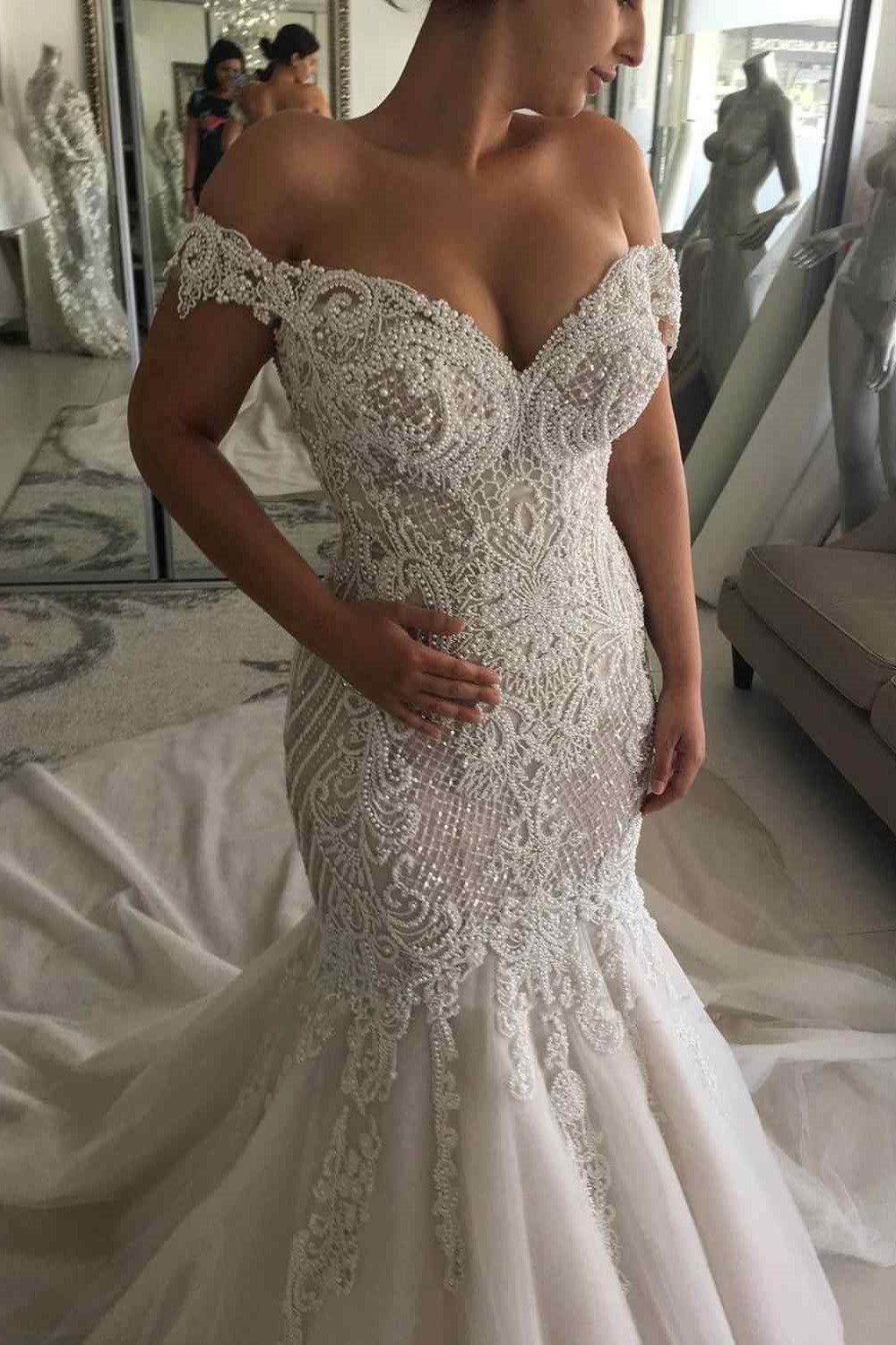 Mermaid Off-the-shoulder Floor-Length Applique Beading Wedding Dress