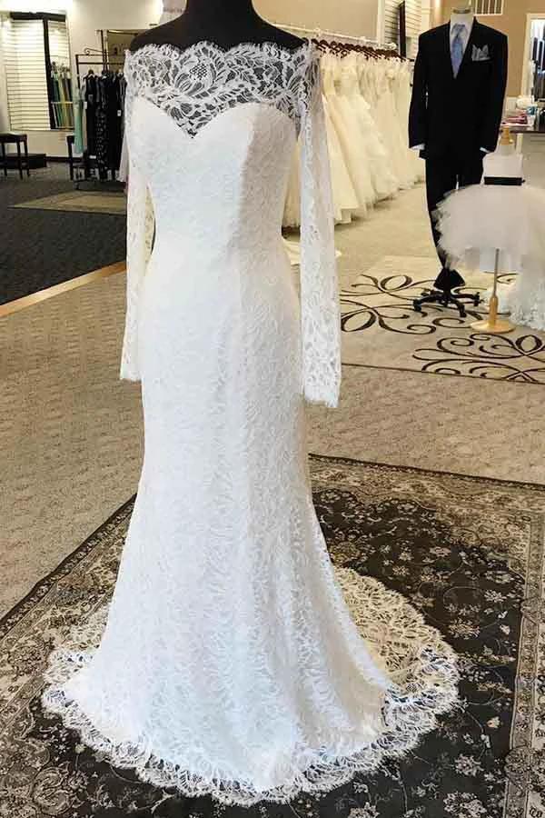 Mermaid Off-the-Shoulder Lace Wedding Dress with Long Sleeves (ZD15445) - View 3 | VelvetHem