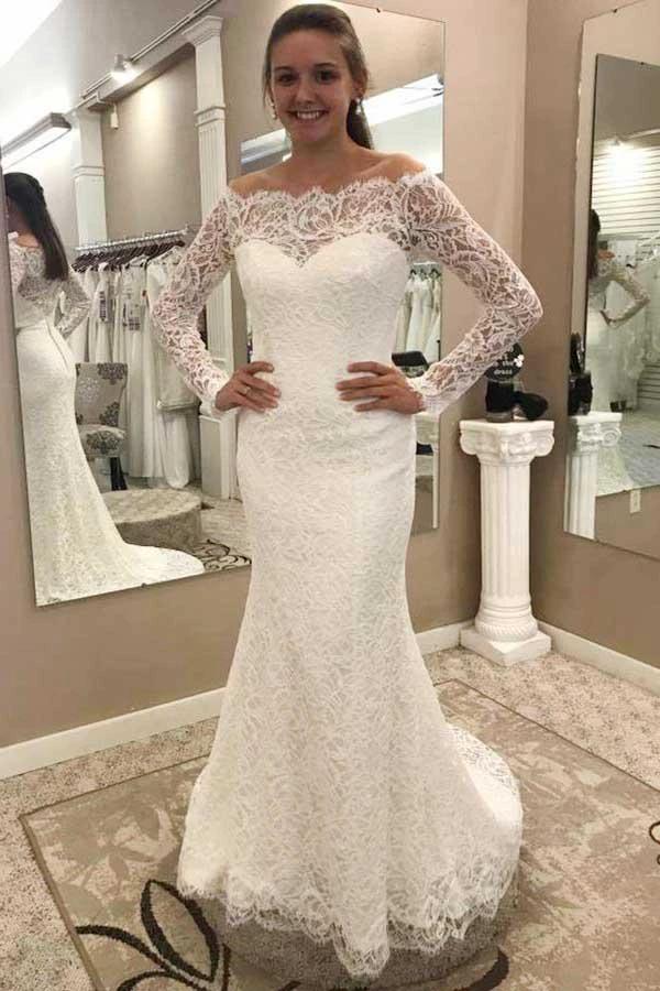 Mermaid Off-the-Shoulder Lace Wedding Dress with Long Sleeves (ZD15445)