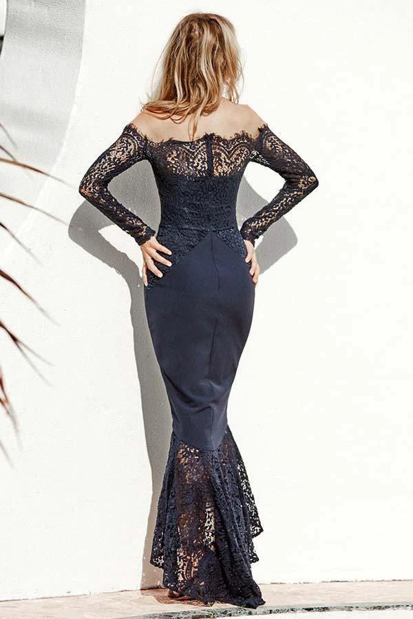 Mermaid Off-the-Shoulder Navy Blue Bridesmaid Dress with Lace BD068 by pgmdress