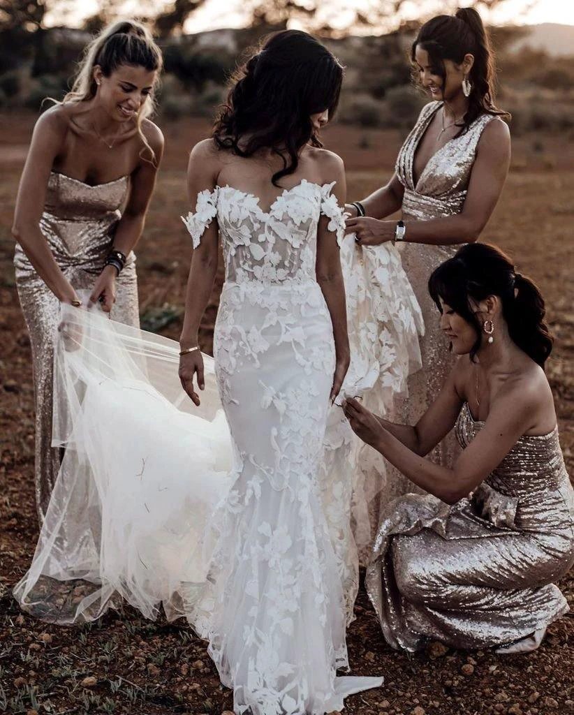Mermaid Off-the-shoulder Tull Applique Amazing Rustic Wedding Dress (ZD15274)